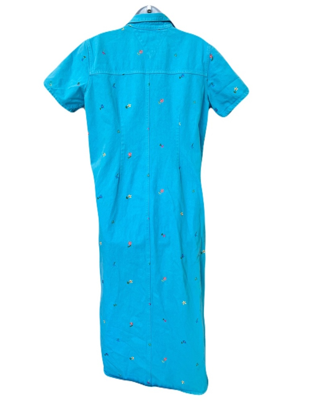 Vintage 90s Denim & Co. Turquoise Blue Denim Floral Embroidered Dress, Size M - Picture 5 of 6
